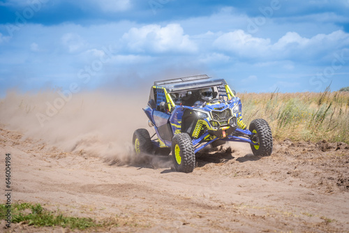 Amazing view on sandy active UTV. Extreme ride on 4x4