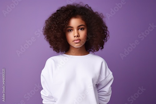 Happy girl with an empty white mockup pullover in front of a purple wall.