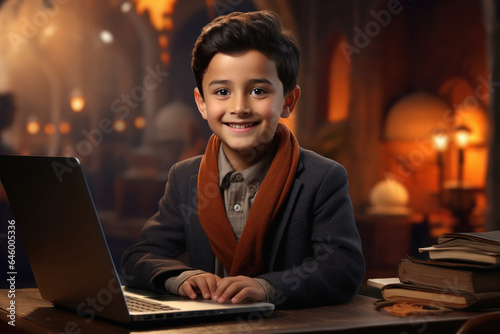 Indian little boy using laptop at home.
