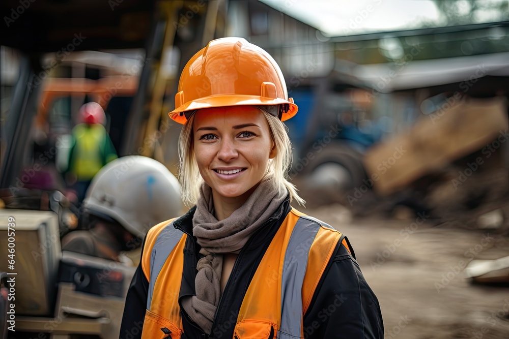 Female construction worker at a construction site. Female construction worker at a construction site.
