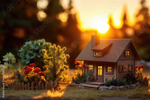 A mini model house with a garden at sunset. New home, business, investment and real estate concept.