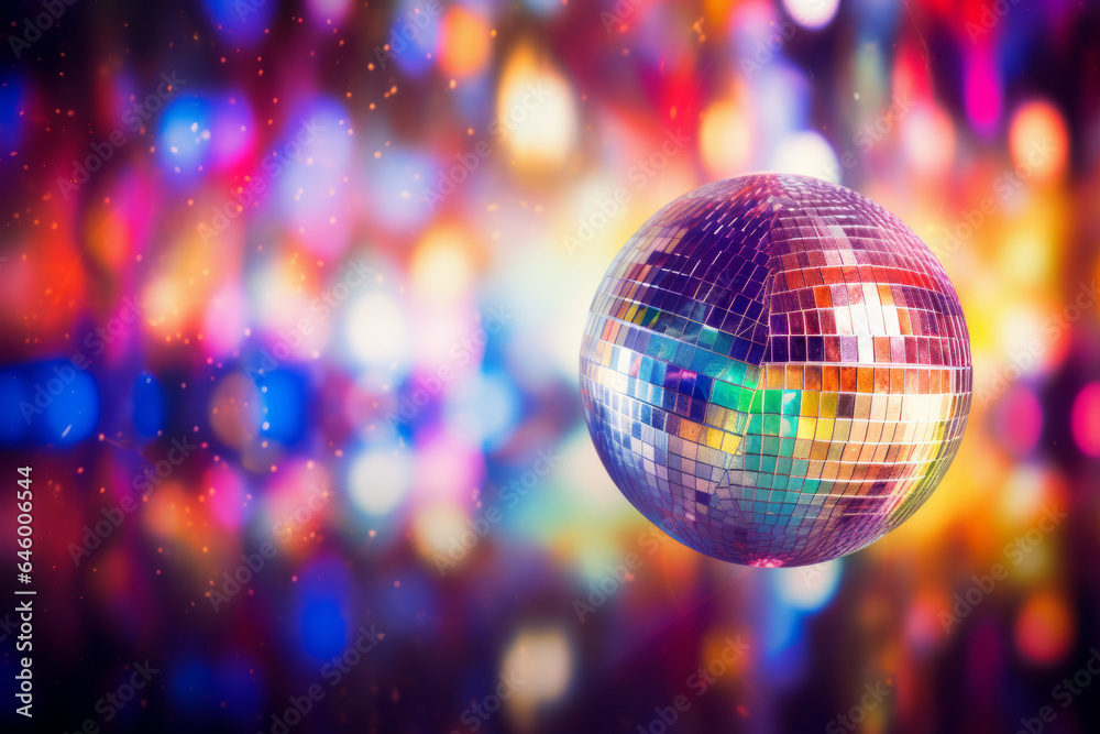 Obraz premium Disco ball illustration, multicolor music background (events, flyers etc.), with space for text