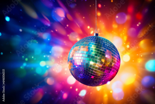 Disco ball illustration, multicolor music background (events, flyers etc.), with space for text