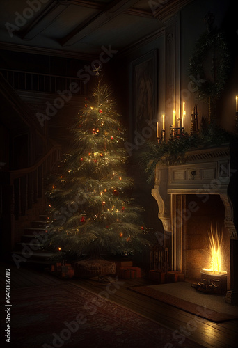 Christmas decor in a big house near a burning fireplace. AI Generated