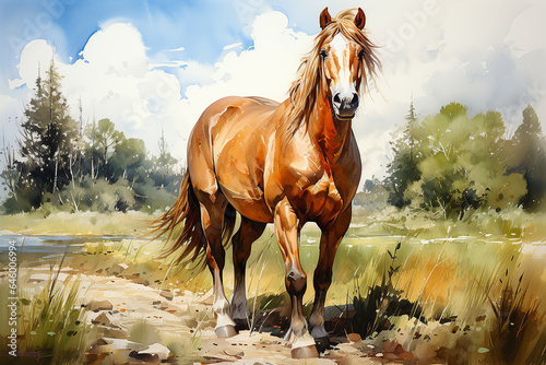 A brown horse standing on meadow drawn with watercolor