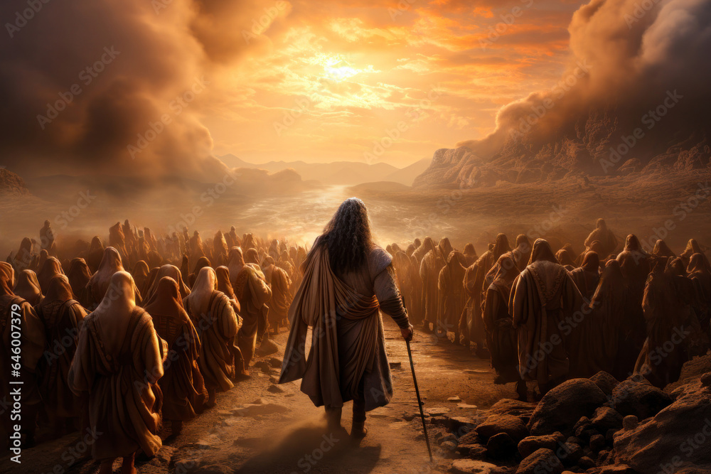 Illustration of Moses leading the people of Israel in the desert on the way to Canaan Generative AI - obrazy, fototapety, plakaty 