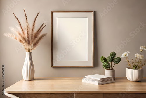 Empty wooden picture frame mockup hanging on beige wall background. Boho-shaped vase, dry flowers on the table. Cup of coffee. Working space, home office. Art, poster display. modern  room