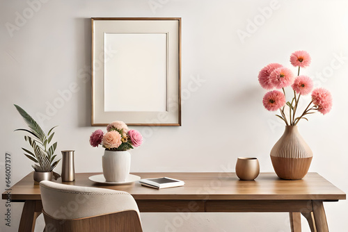 Empty wooden picture frame mockup hanging on beige wall background. Boho-shaped vase, dry flowers on the table. Cup of coffee. Working space, home office. Art, poster display. modern room