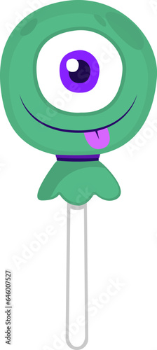 Cute Green Cyclopes Monster Lollipops for a Playfully Spooky Halloween Isolated : An enchanting assortment of Halloween lollipops, each wrapped in colorful paper with a cute green monster design.
