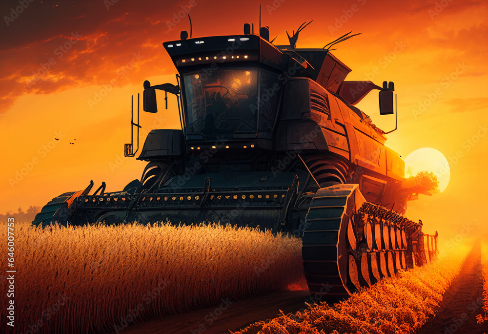 Fototapeta premium Harvester rides through a wheat field, at sunset. AI Generated