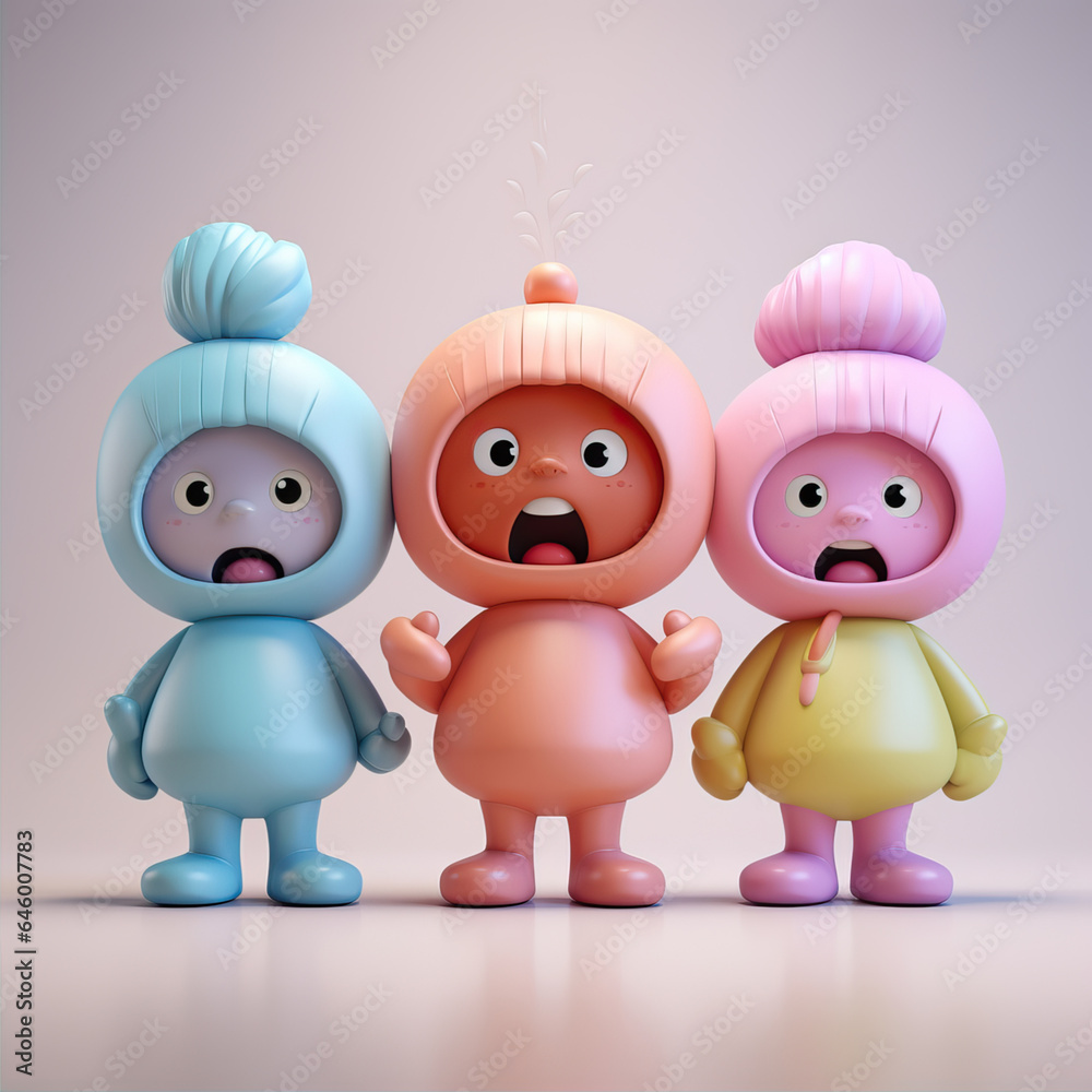 Three funny monsters in cartoon, 3d style