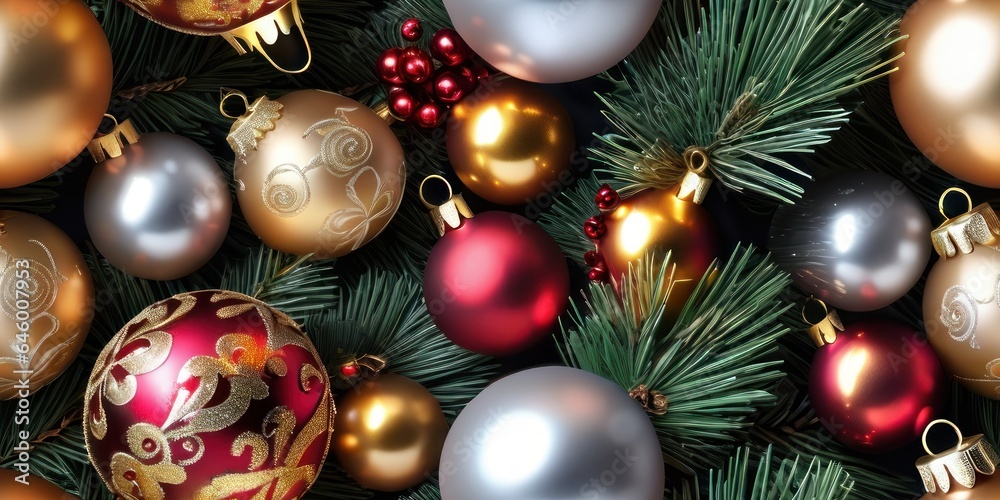 Seamless Christmas pattern top view. Christmas and New years eve Background. Beautiful Wide Angle Holiday Template with Christmas balls, fir tree and highlights with copy space Seamless Christmas pattern top view. Christmas and New years eve Background. Beautiful Wide Angle Holiday Template with Christmas balls, fir tree and highlights with copy space