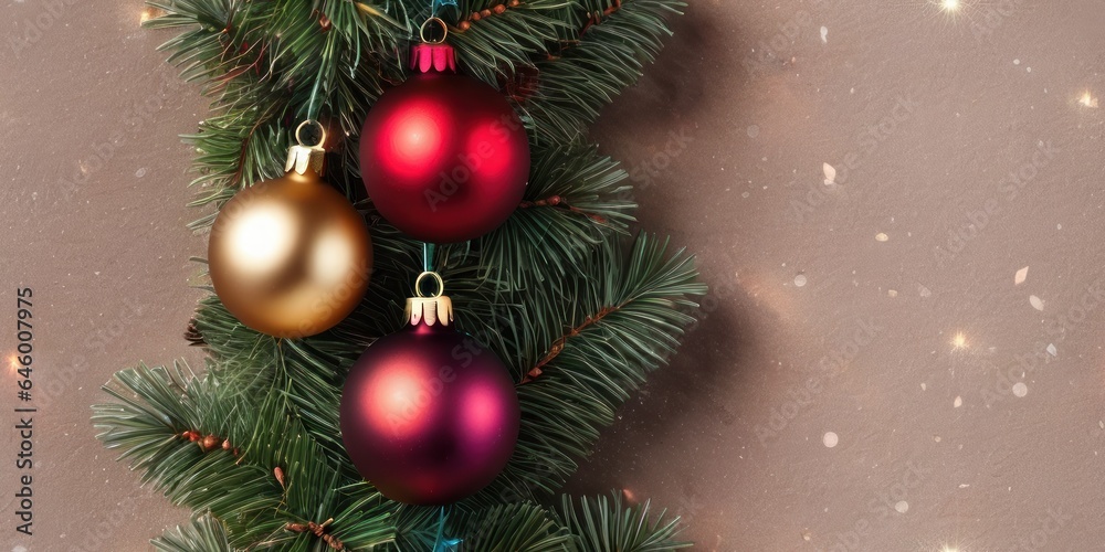 Seamless Christmas pattern top view. Christmas and New years eve Background. Beautiful Wide Angle Holiday Template with Christmas balls, fir tree and highlights with copy space Seamless Christmas pattern top view. Christmas and New years eve Background. Beautiful Wide Angle Holiday Template with Christmas balls, fir tree and highlights with copy space