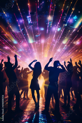 Disco laser - silhouette of people dancing under disco laser beam