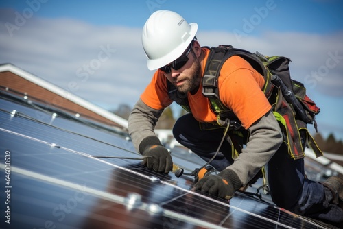 Worker mounts solar panels.