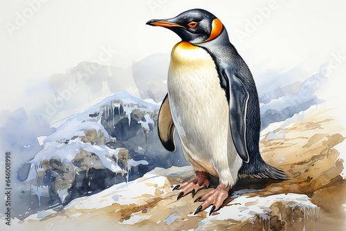 A penguin standing on the snow drawn with watercolor

