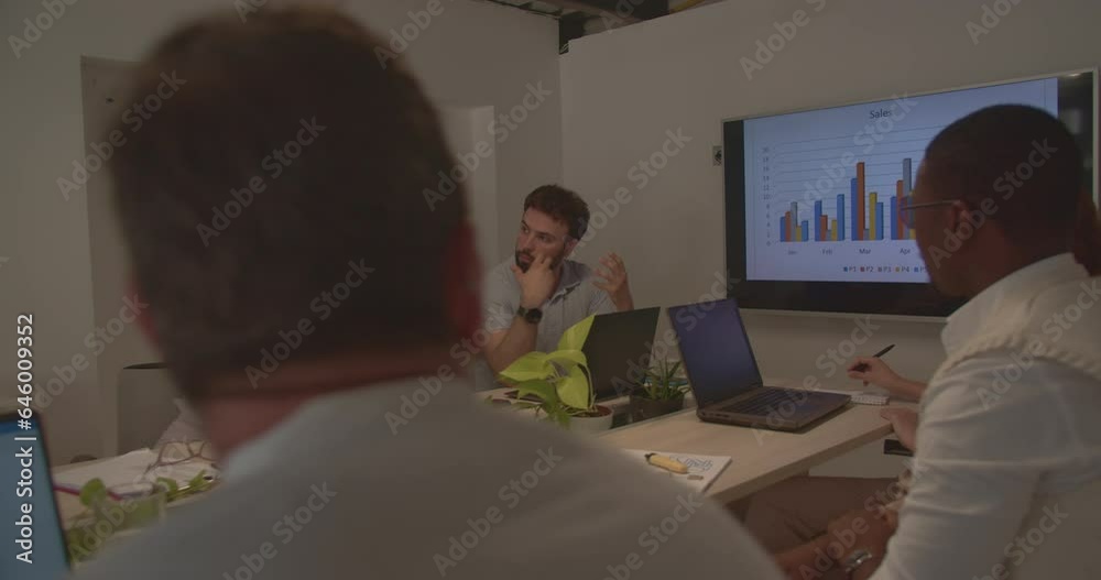 Diverse group of people working together on a project while discussing it and sharing ideas, male is presenting ideas to the team Diverse group of people working together on a project while discussing it and sharing ideas, male is presenting ideas to the team