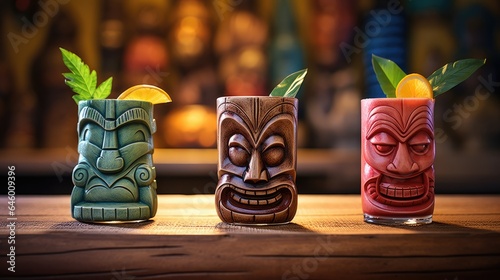 Summer refreshing tiki cocktails on the background of a bar counter photo