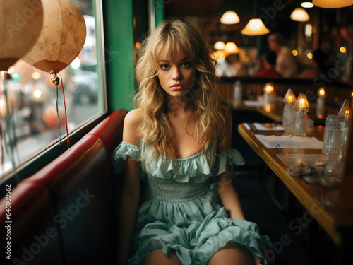 Young woman from the 60s, dressed in a turquoise blue dress, sitting gracefully in a restaurant setting.