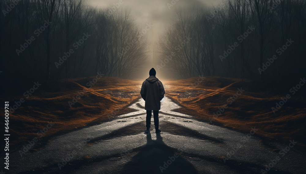 A lone figure walks the foggy footpath, lost in thought generated by AI A lone figure walks the foggy footpath, lost in thought generated by AI