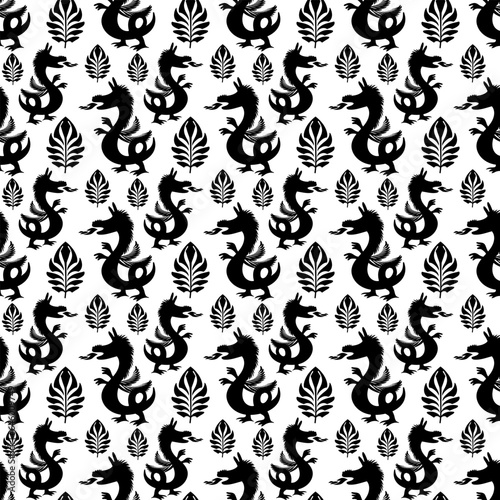 dragons in the rainforest. black and white seamless pattern. decorative cover. print. pattern.