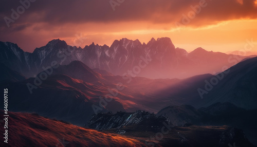 Majestic mountain range silhouetted against tranquil sunset, a nature adventure generated by AI