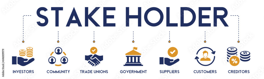 Stakeholder relation banner website icon vector illustration concept for stakeholder, investor, government, and creditors with icon of community, trade unions, suppliers, customers on white background