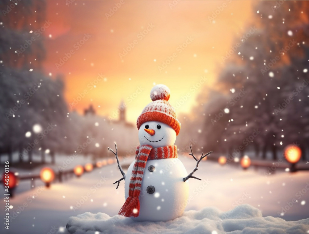 christmas card with happy snowman in winter