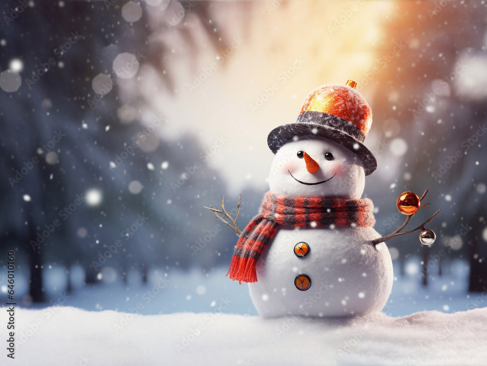 happy snowman in winter secenery with copy space