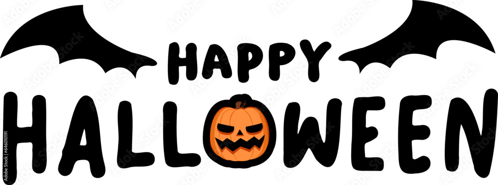 Happy Halloween Typo with Jack O' Lantern Head Isolated : A festive Halloween-themed typography design featuring the words 'Happy Halloween' alongside a grinning Jack O' Lantern orange pumpkin head.