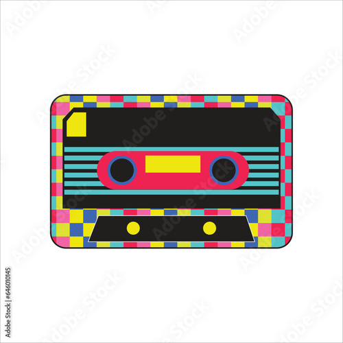 Retro 90s Multicolor Audio Cassette Isolated Vector illustration. Yellow pink blue purple nostalgic. Trends of 2023. 