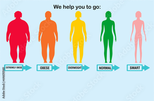 Body mass index illustration from underweight to extremely obese. Woman silhouettes with different obesity degrees. Female body with different weight poster and banner idea. photo