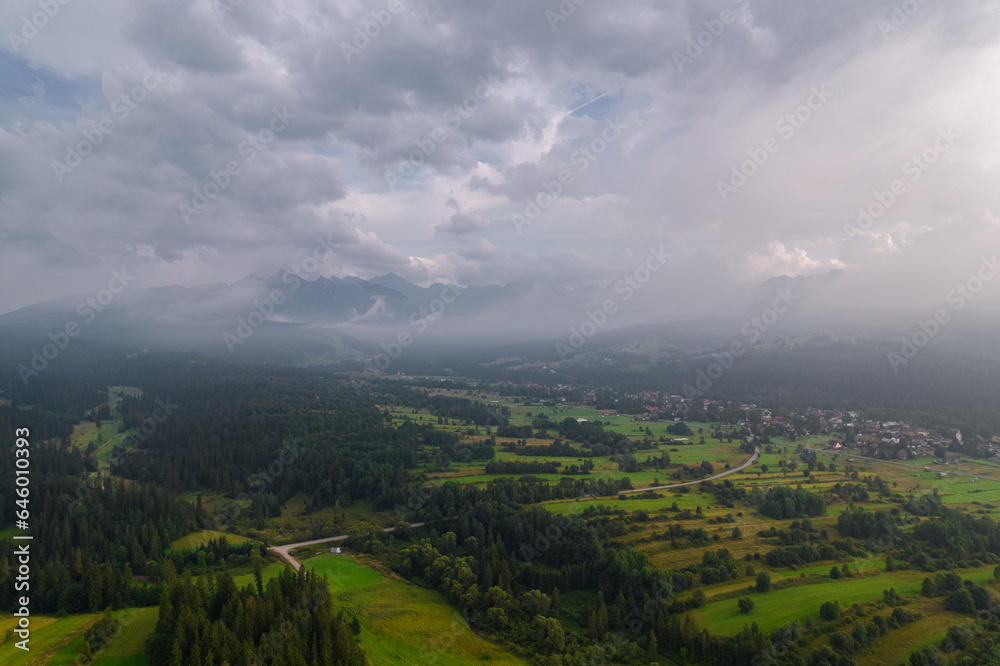 Tatry, Tatra mountain, gory, polskie góry, Slovakia, drone, bird view, aerial, city, urban, street, building, roof, sky, clouds, summer time