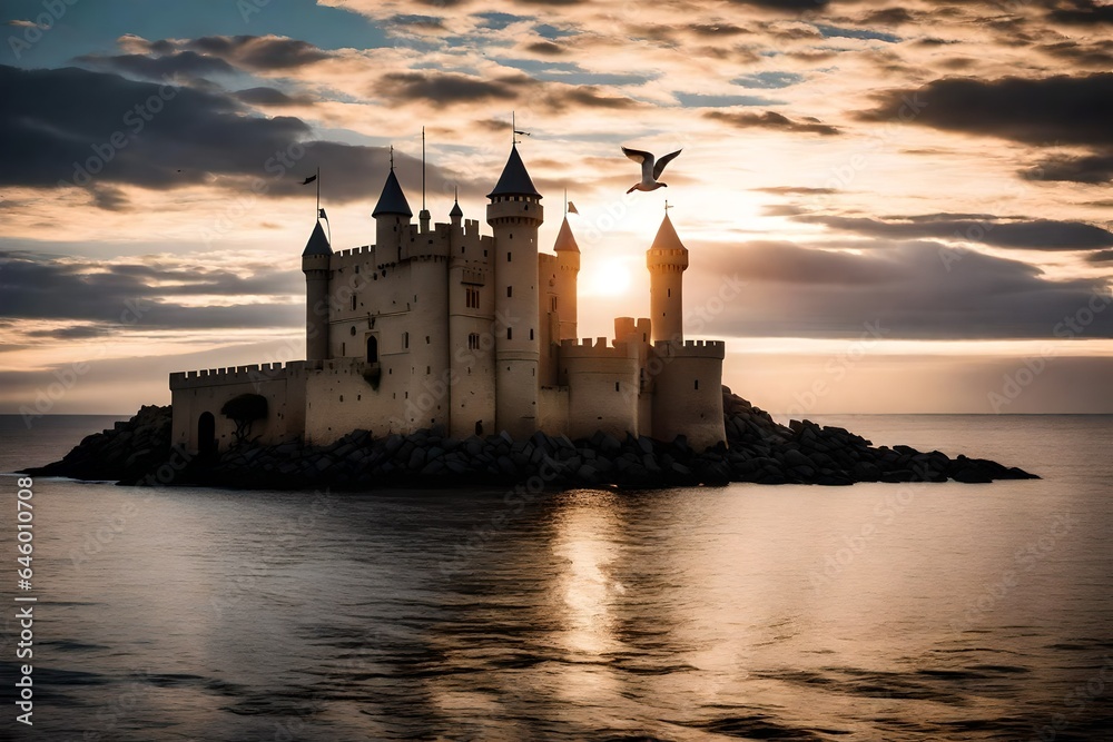A castle in the middle of an ocean. The castle basks in the warm glow of a setting sun, its golden light casting long shadows across the tranquil waters - AI Generative