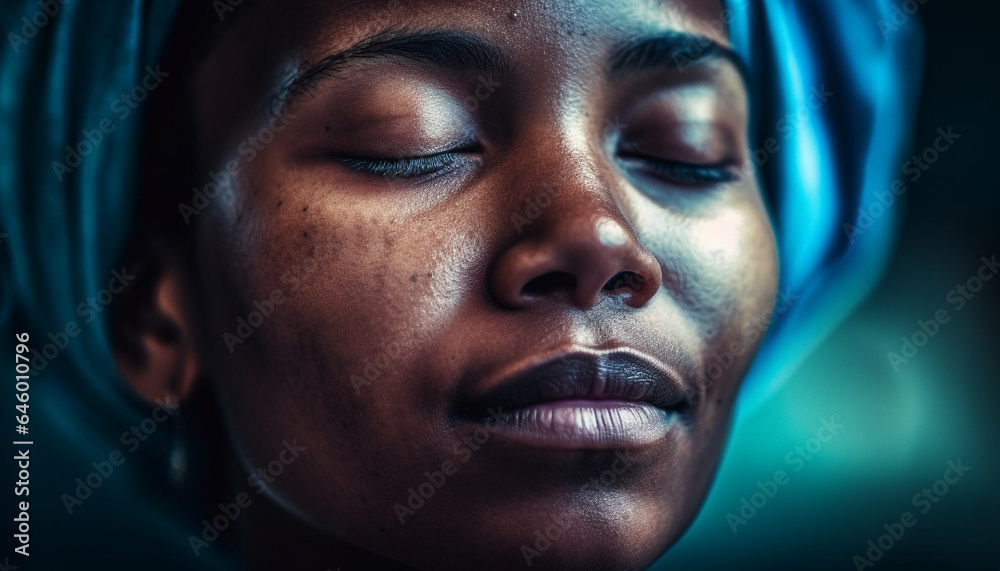 Beautiful African woman exudes confidence and joy in close up portrait generated by AI Beautiful African woman exudes confidence and joy in close up portrait generated by AI