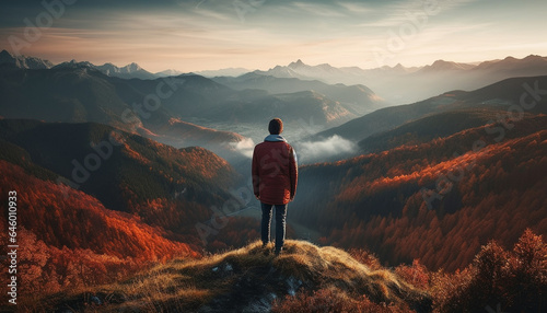 Men hiking mountain peak  looking at majestic beauty in nature generated by AI