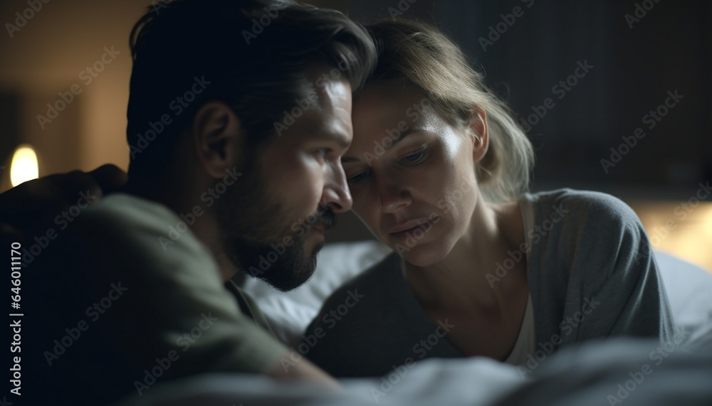 A happy young couple embracing in their comfortable bedroom at night generated by AI