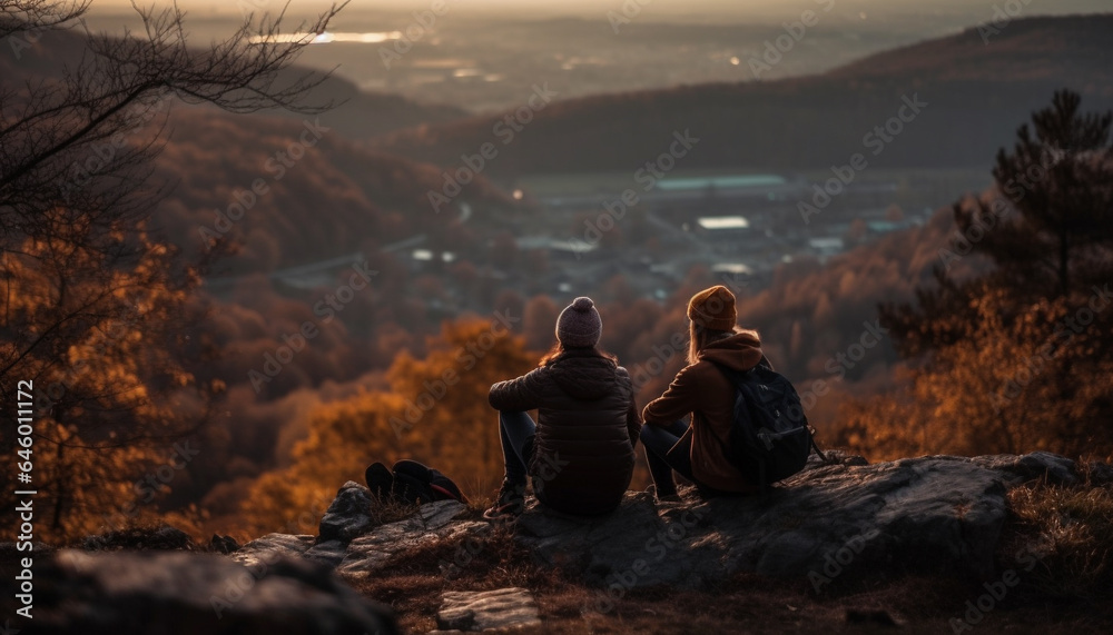 Two men hiking mountain peak, extreme sport, backpack, landscape, sunset generated by AI