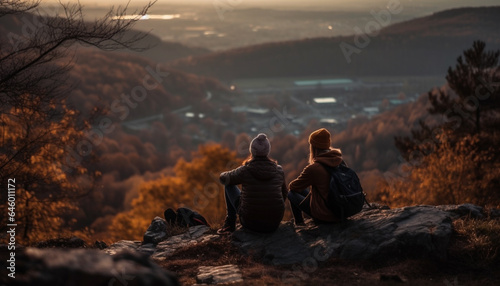 Two men hiking mountain peak  extreme sport  backpack  landscape  sunset generated by AI