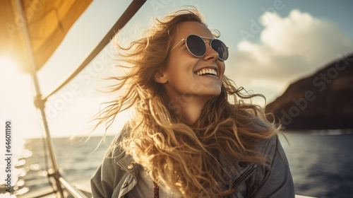 Portrait of a smiling woman on a yacht at sea during a vacation