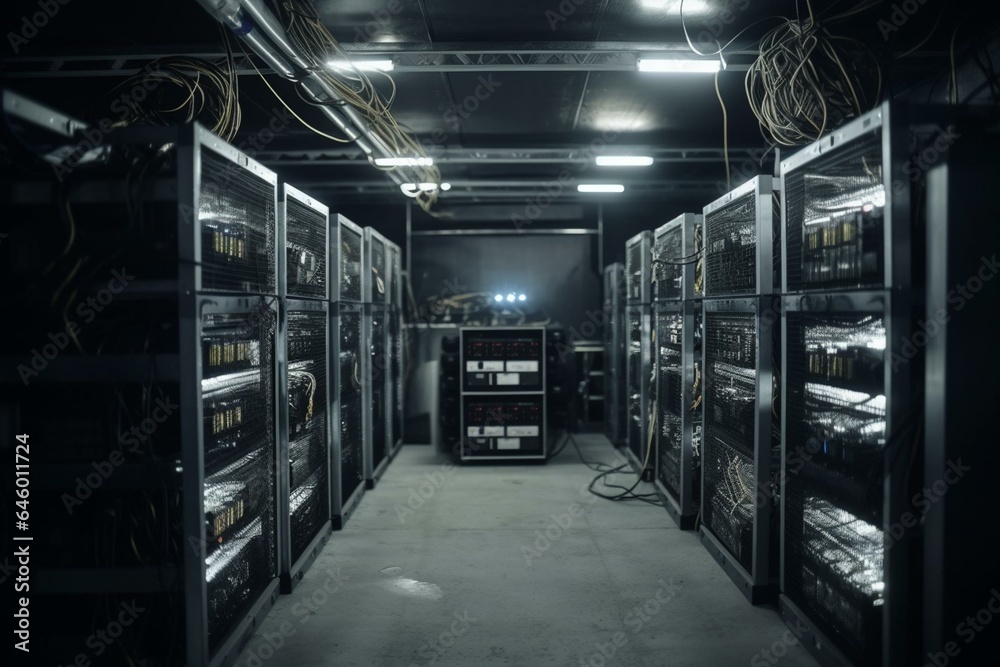 Farm of bitcoin miners in steel container, ASIC mining equipment on racks mines bitcoin. Integrated circuit datacenter for blockchain tech. Lights in serv. Generative AI
