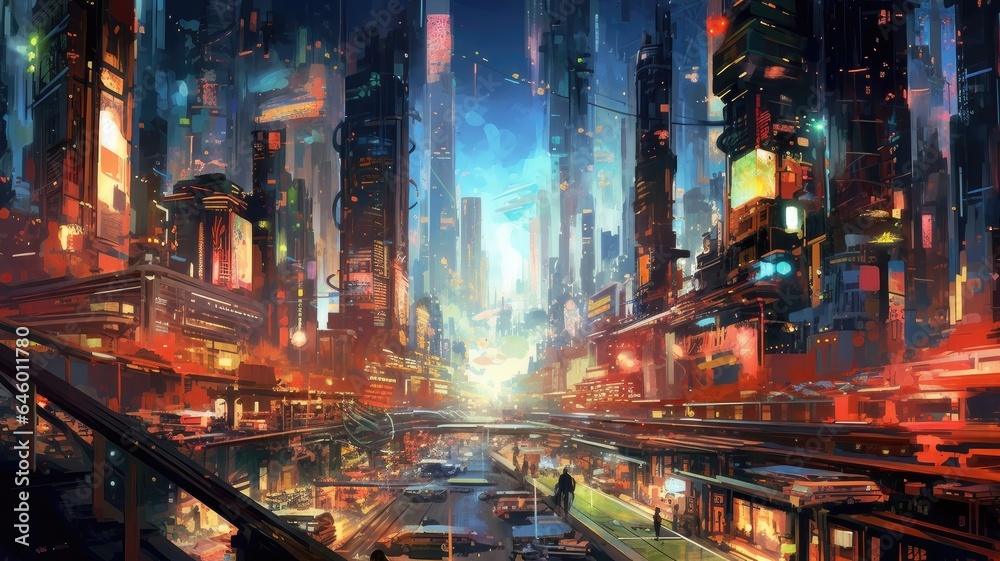 Futuristic City Neon Lights: An Oil Painting of Urban Brilliance
