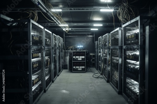 Farm of bitcoin miners in steel container, ASIC mining equipment on racks mines bitcoin. Integrated circuit datacenter for blockchain tech. Lights in serv. Generative AI © Ulyssa
