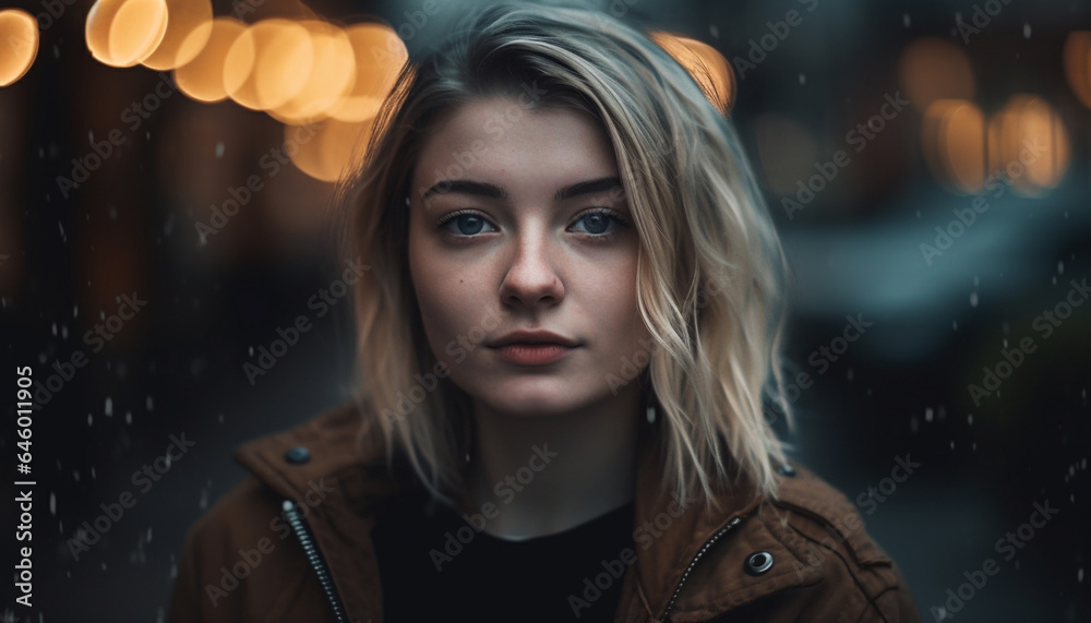 One young adult woman, Caucasian, looking at camera in rain generated by AI One young adult woman, Caucasian, looking at camera in rain generated by AI