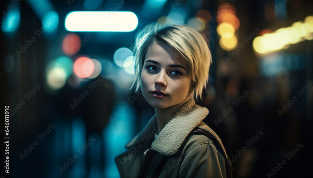 One fashionable young woman, illuminated by street light, smiling confidently generated by AI