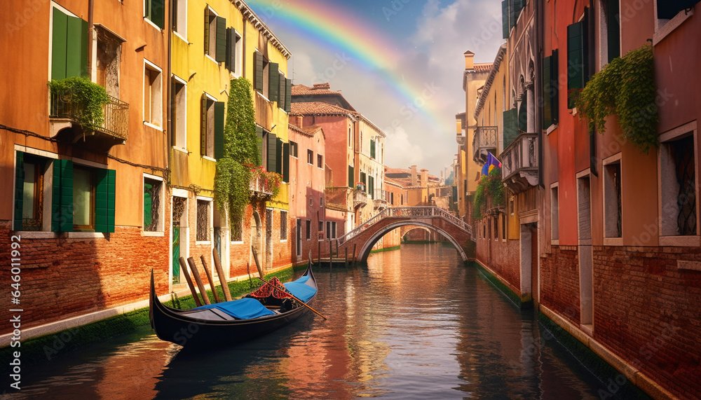 A majestic sunset illuminates the vibrant Venetian architecture and canals generated by AI