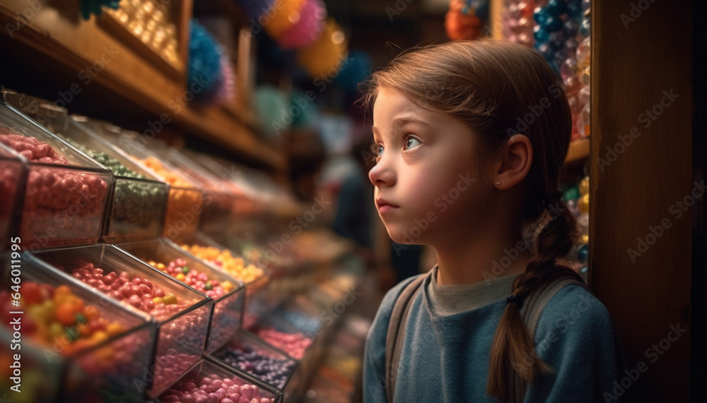 One cute girl picking fresh fruit, enjoying healthy supermarket shopping generated by AI