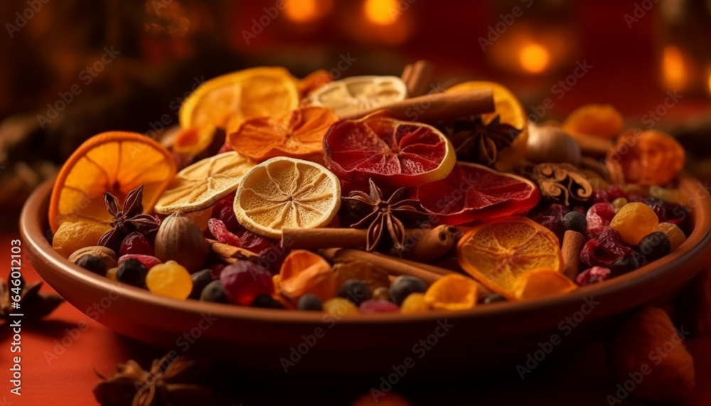 Fresh citrus fruit bowl with anise and cranberry decoration generated by AI