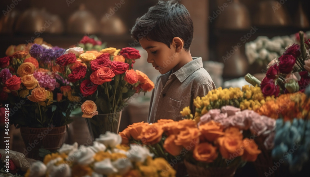 The florist cute child holds a multi colored bouquet, smiling joyfully generated by AI