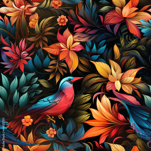 seamless pattern  3D  bold  bird  floral  colorful  plants  botany  botanical